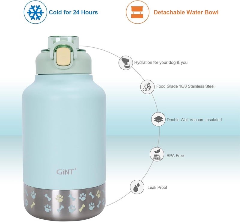 GiNT 37oz Insulated Stainless Steel Dog & Human Water Bottle | Leakproof Travel Dispenser with Detachable 10oz Bowl, 24H Cold/12H Hot, Carrying Case for Walking, Hiking,Camping & Outdoor Travel(Green) - Image 5